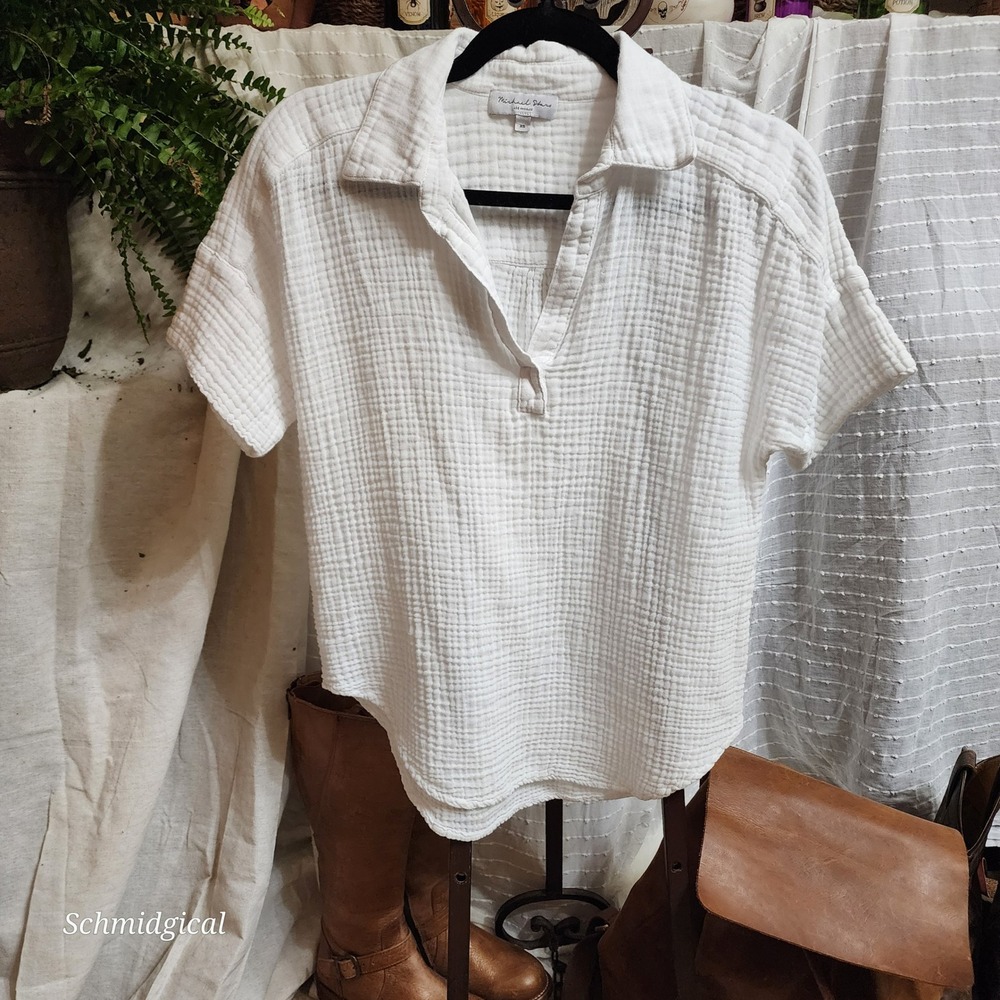 Michael Stars White Double Gauze Cotton Short Sleeve Henley Blouse XS USA Made